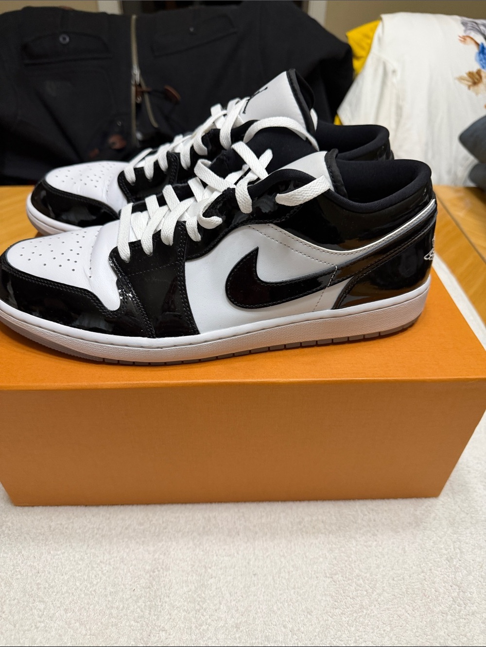 Nike Men’s Black and White Low-Top Sneakers — Patent Leather Swoosh